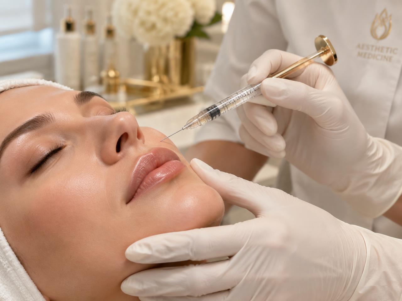 Procedimento estético facial realizado com precisão em ambiente clínico